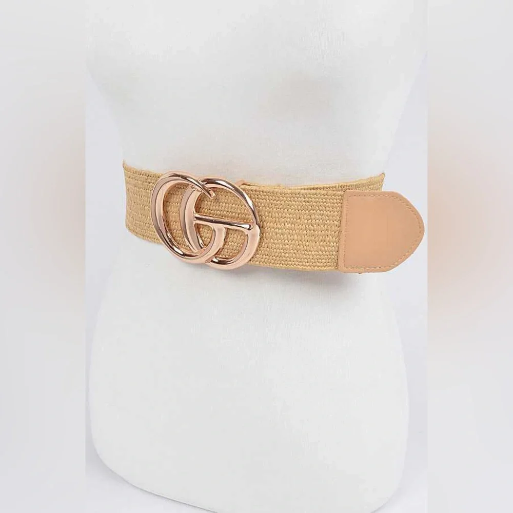 Gold Buckle Elastic Straw Statement Belt